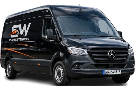 Schwarzer Mercedes-Benz Sprinter mit Speedwagen-Transporte-Beschriftung